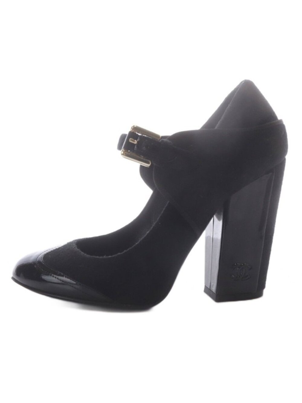 Chanel Pumps Chunky Heel CC Logo Strap Felt Patent Leather Black